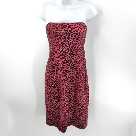 Vintage 90’s Guess Y2K Leopard Midi Dress Strapless Pencil Red Black Sz 3 Small - Picture 1 of 12